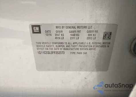 2015 Chevrolet Malibu 1Lt из США, поврежденный, VIN 1G11C5SL5FF252373